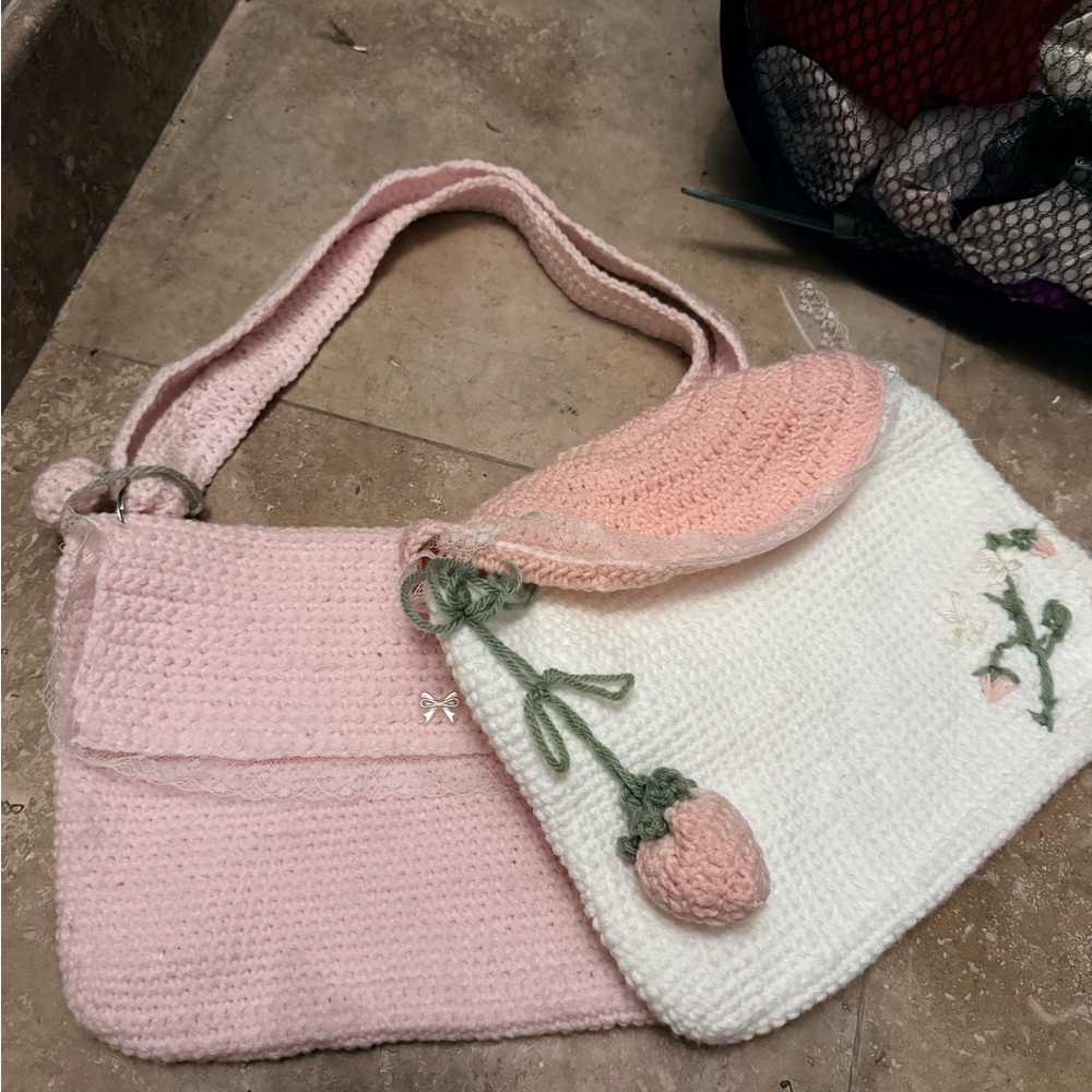 Pink and White Knit Women's Bag